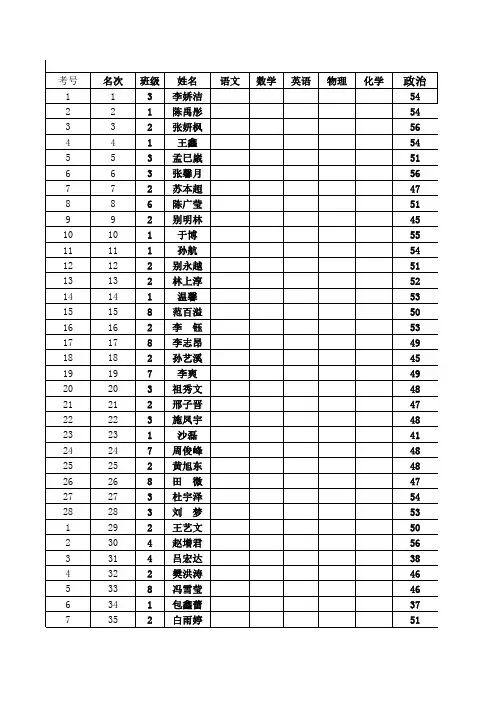 九年第一次月考考场座位表