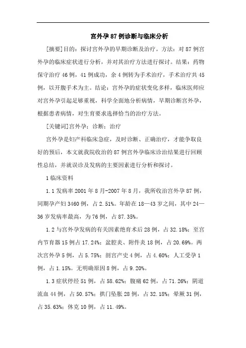 宫外孕87例诊断临床分析
