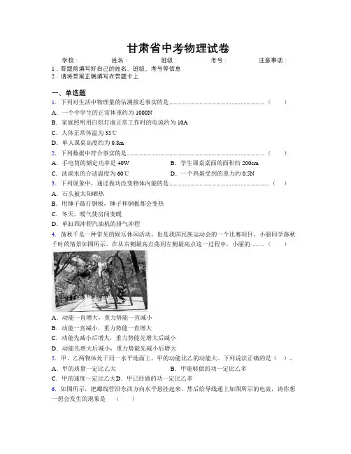 精编甘肃省中考物理试卷附解析