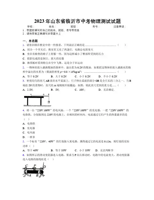 2023年山东省临沂市中考物理测试试题及解析
