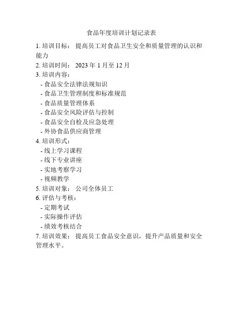 食品年度培训计划记录表