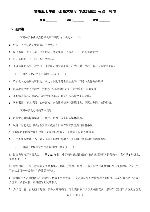 部编版七年级语文下册期末复习 专题训练三 标点、病句
