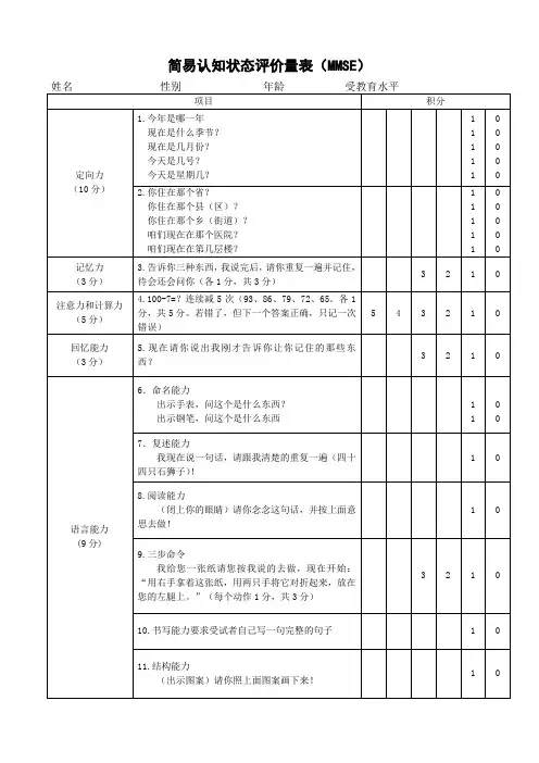 (完整版)认知状态评价量表(MMSE量表)