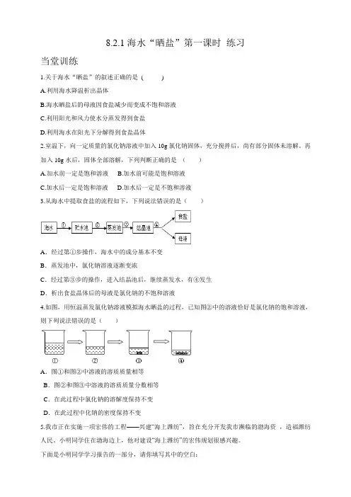 鲁教版化学九年级下册海水“晒盐”第1课时 同步练习
