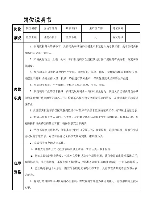 现场管理员-岗位说明书表格3