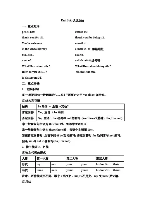 人教英语七上Unit 3 知识点总结试题2022-2023学年人教版英语七年级上册