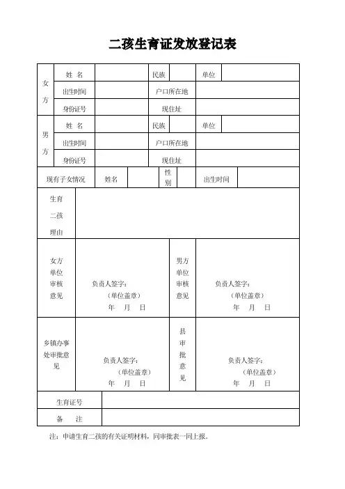 二孩生育证发放登记表