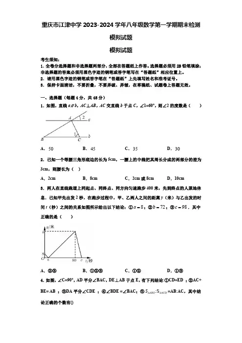 重庆市江津中学2023-2024学年八年级数学第一学期期末检测模拟试题【含解析】