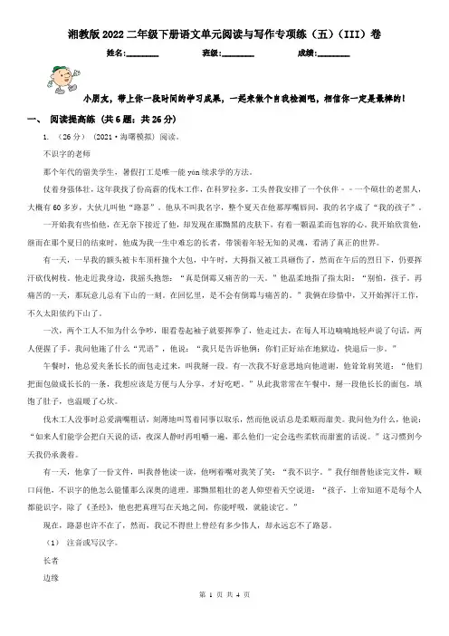 湘教版2022二年级下册语文单元阅读与写作专项练（五）（III）卷