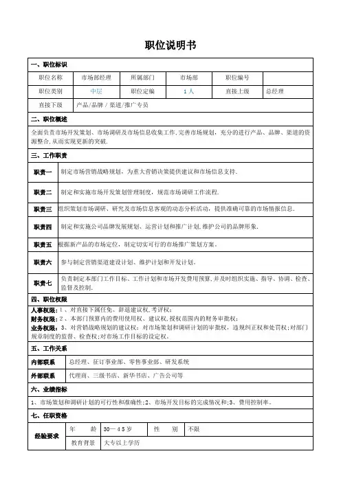 市场部经理岗位职责说明书