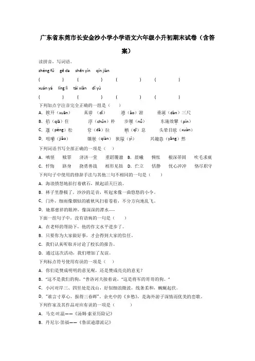 广东省东莞市长安金沙小学小学语文六年级小升初期末试卷(含答案)