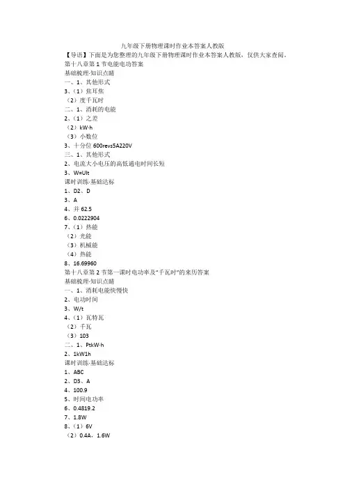 九年级下册物理课时作业本答案人教版