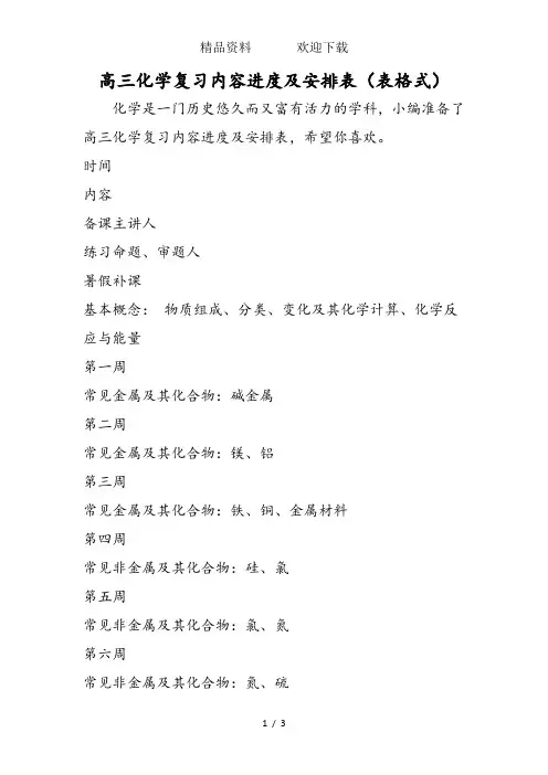 高三化学复习内容进度及安排表(表格式)
