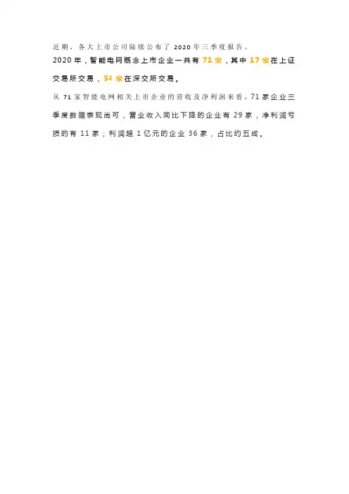 智能电网概念上市企业2020年三季度业绩排行