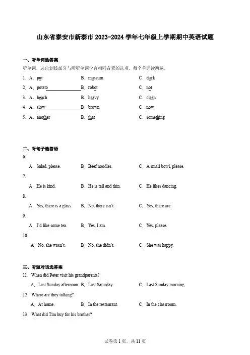山东省泰安市新泰市2023-2024学年七年级上学期期中英语试题