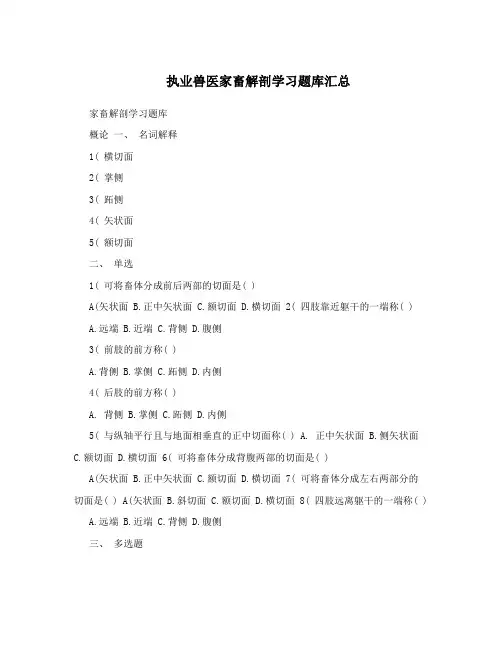 执业兽医家畜解剖学习题库汇总