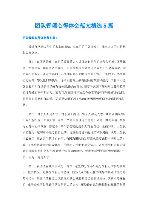 团队管理心得体会范文精选5篇