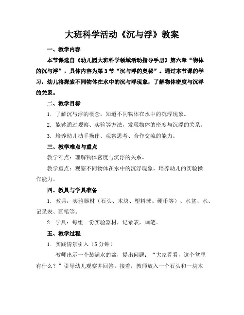 大班科学活动《沉与浮》教案