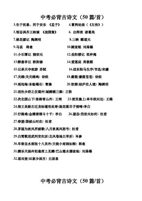 中考必背古诗文(50篇首)