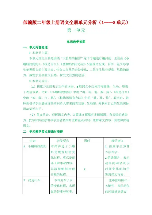 人教部编版二年级上册语文全册单元分析(1——8单元)