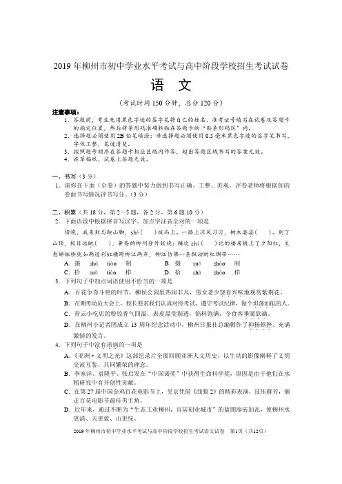 2019年柳州市语文考试试卷