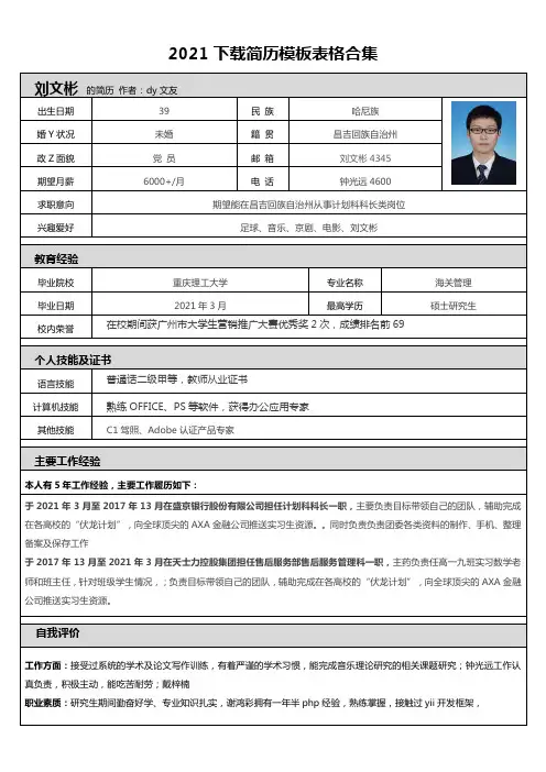 2021下载简历模板表格合集