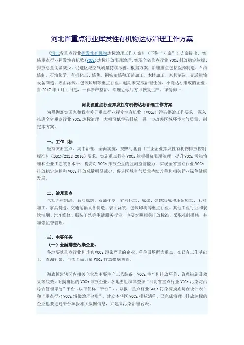 河北省重点行业挥发性有机物达标治理工作方案