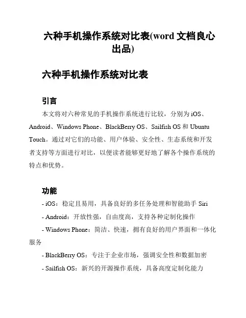 六种手机操作系统对比表(word文档良心出品)
