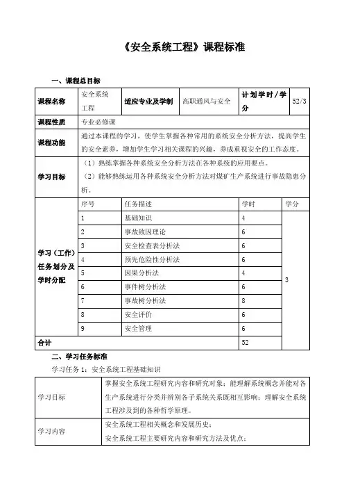 《安全系统工程》课程标准