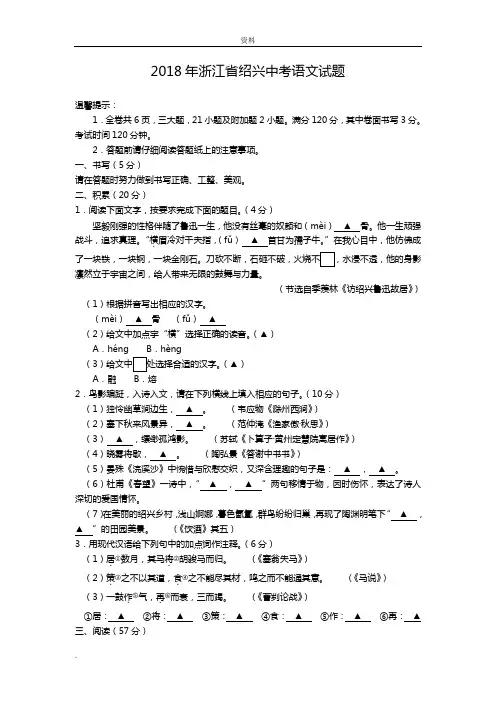 2018年浙江绍兴中考语文试题