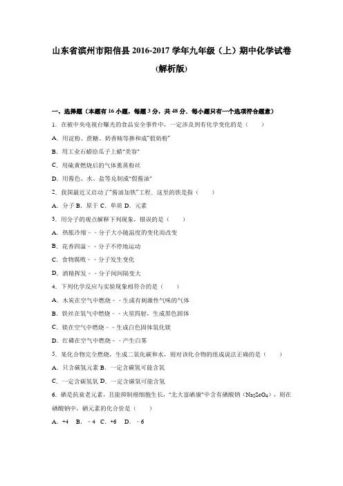 山东省滨州市阳信县2016-2017学年九年级(上)期中化学试卷(解析版)