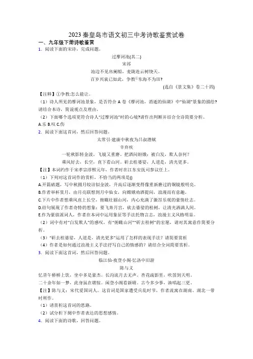 2023秦皇岛市语文初三中考诗歌鉴赏试卷