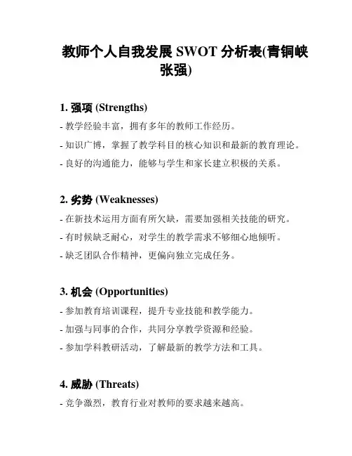教师个人自我发展SWOT分析表(青铜峡张强)
