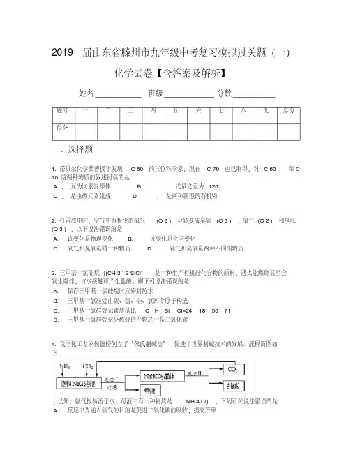 2019届山东省滕州市九年级中考复习模拟过关题(一)化学试卷【含答案及解析】