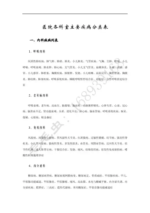 医院各科室主要疾病分类表