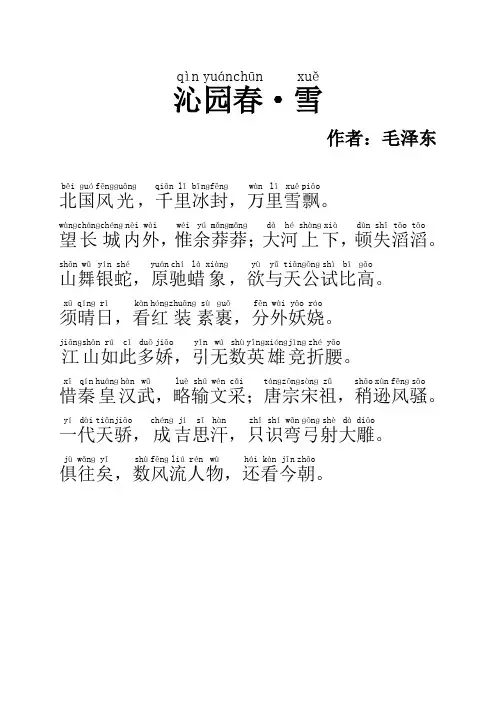 沁园春 雪(准确拼音+译文word版)