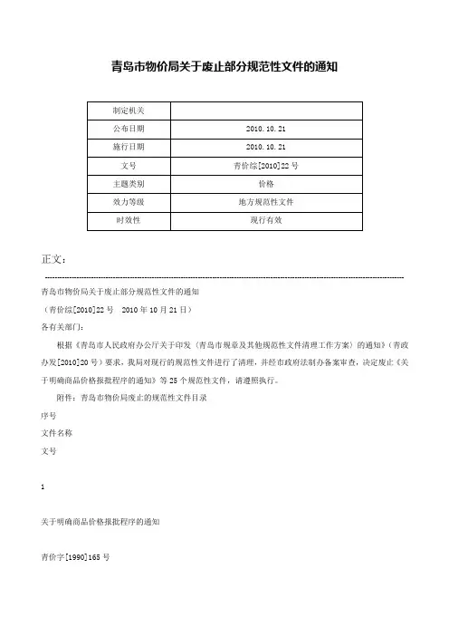青岛市物价局关于废止部分规范性文件的通知-青价综[2010]22号