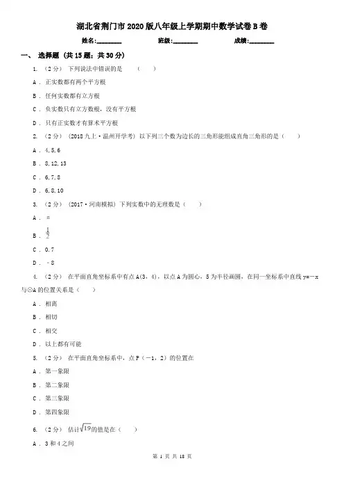 湖北省荆门市2020版八年级上学期期中数学试卷B卷