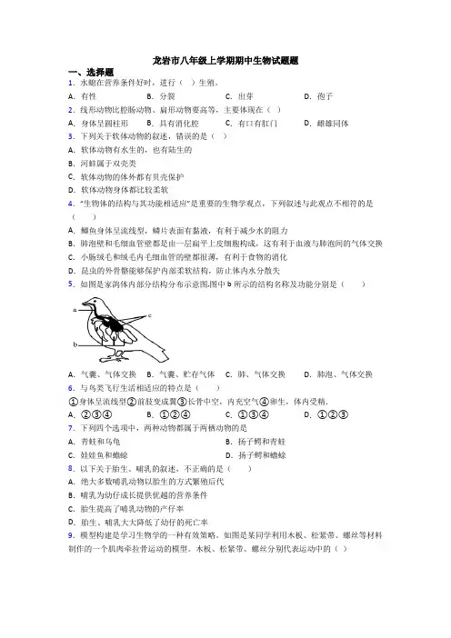 龙岩市八年级上学期期中生物试题题