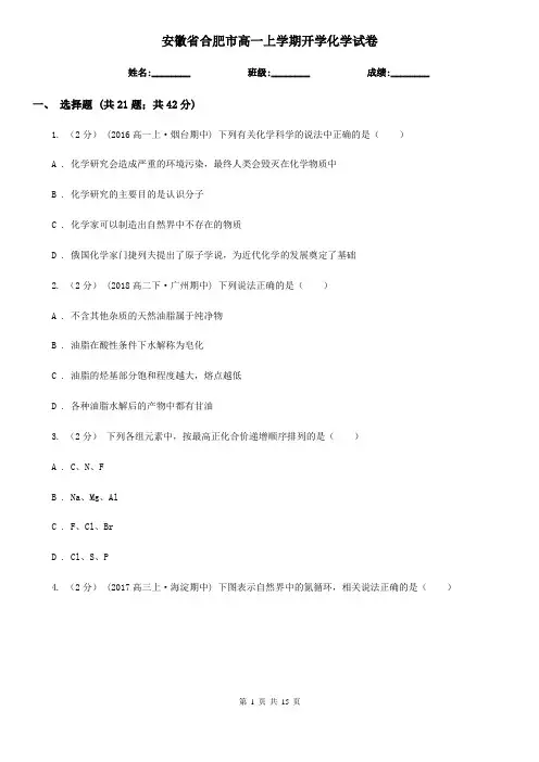 安徽省合肥市高一上学期开学化学试卷
