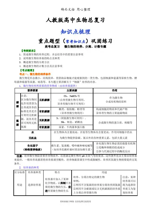 人教版高中生物总复习[知识点整理及重点题型梳理]——微生物的培养、分离、计数专题