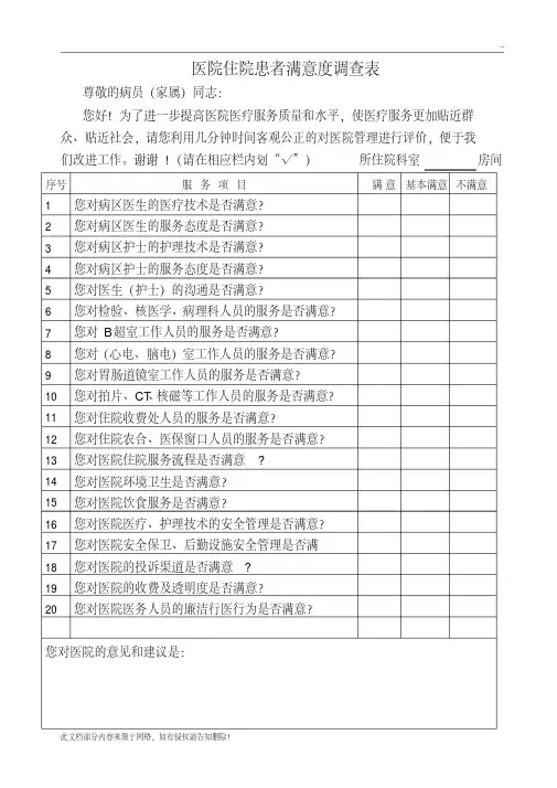 医院各类满意度调查表样表