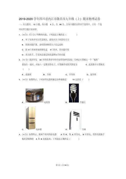 2019-2020学年四川省内江市隆昌市九年级(上)期末物理试卷