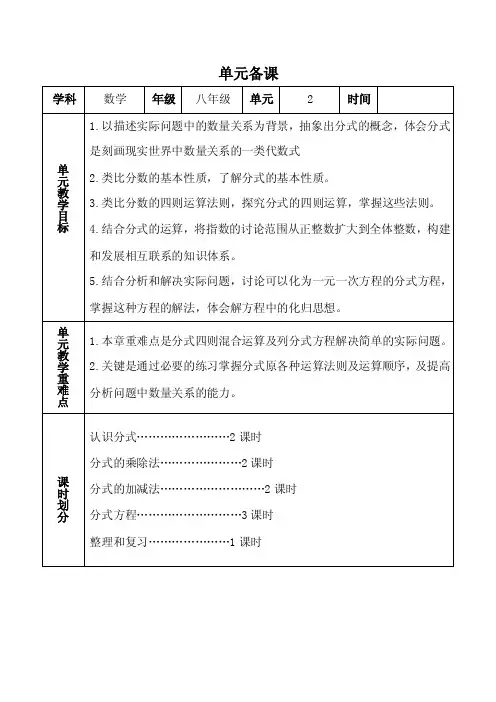 鲁教版八年级上册数学第二章分式和分式方程备课