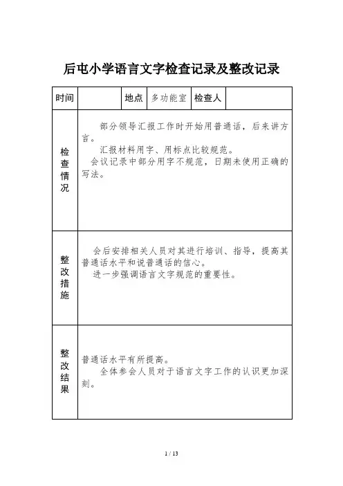 小学语言文字工作检查记录与整改记录