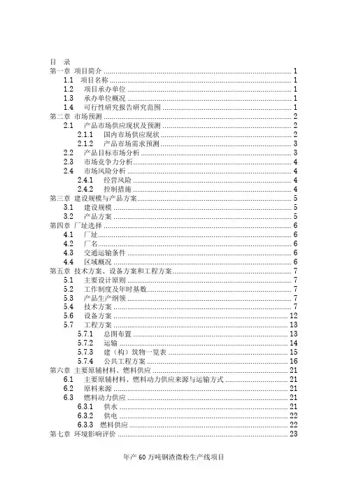 年产60万吨钢渣微粉生产线项目可行性分析 内部资料 保密