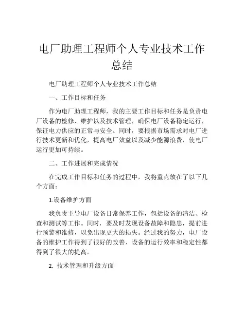 电厂助理工程师个人专业技术工作总结