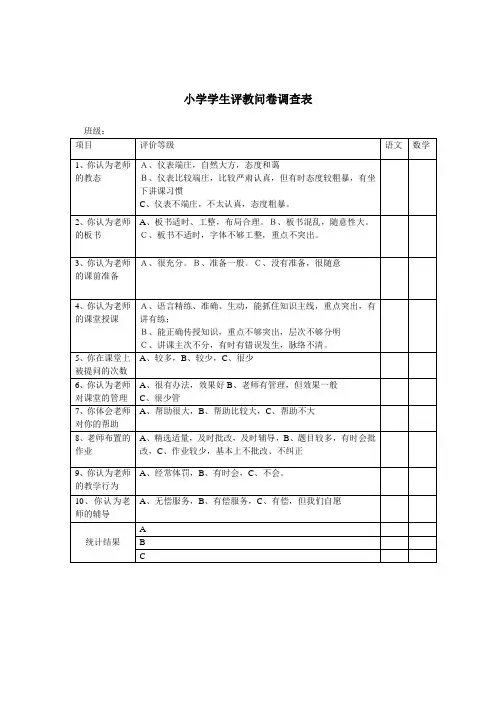 小学学生评教问卷调查表