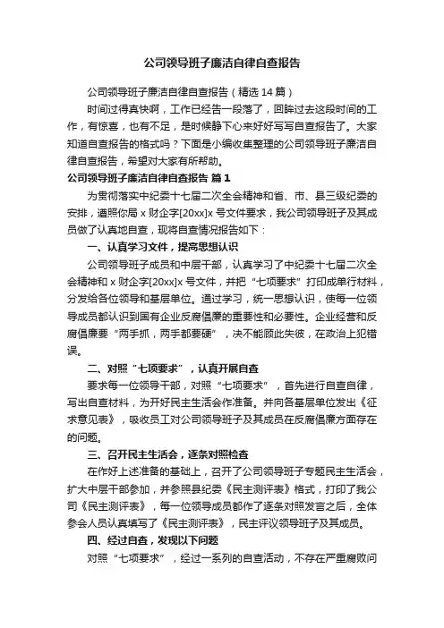 公司领导班子廉洁自律自查报告（精选14篇）