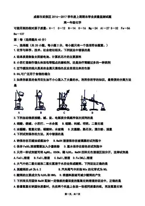 四川省成都市武侯区2016-2017学年高一上学期期末考试化学试题(Word版)